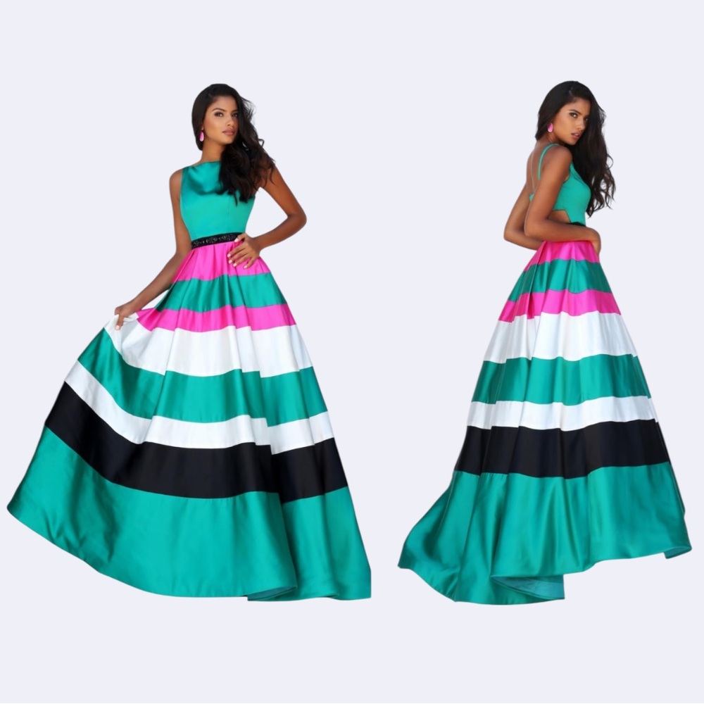 Sherri Hill Emerald Fuchsia Black White Satin Ball Gown Size 4 #50332